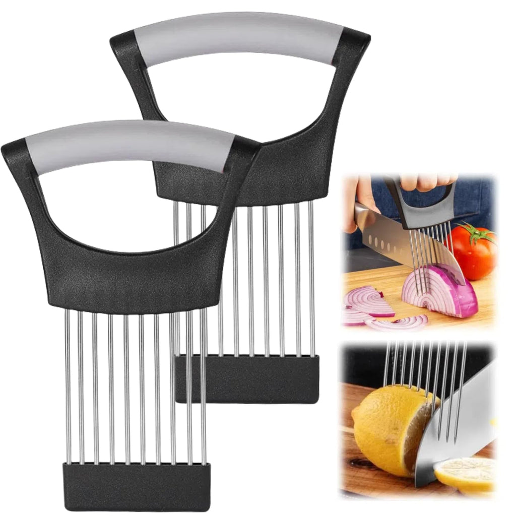 Onion Slice Holder 2024 New Stainless Steel Onion Holder for Slicing Chopper Slicing Assistant Tool Cutter for Slicing of Meat Onion Potato Tomato Kitchen Gadgets (Grey 2 Pack)