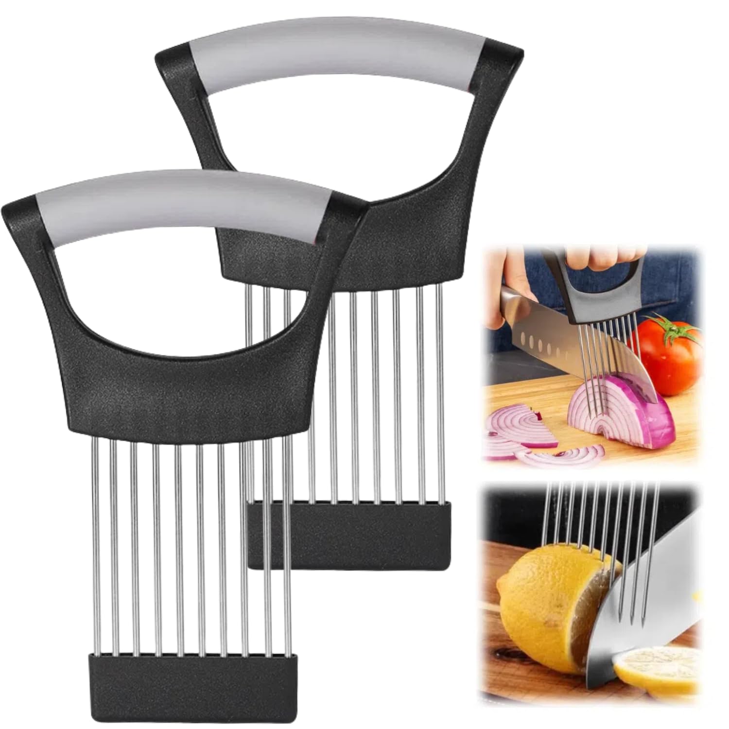 Onion Slice Holder 2024 New Stainless Steel Onion Holder for Slicing Chopper Slicing Assistant Tool Cutter for Slicing of Meat Onion Potato Tomato Kitchen Gadgets (Grey 2 Pack)