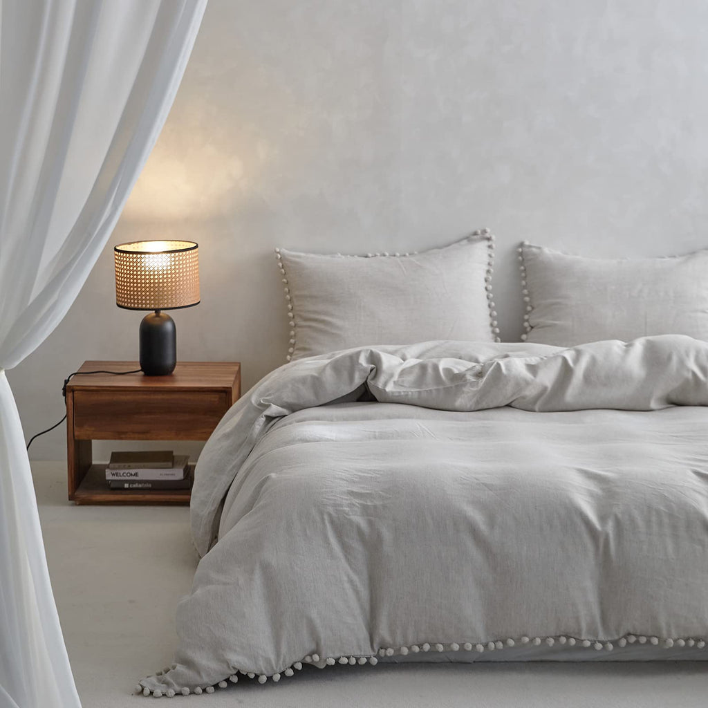 Simple&Opulence Linen Blend Duvet Cover with Pom Pom Trim Farmhouse Flax Bedding Set - 1 Boho Comforter Cover and 2 Pillowshams - Queen Linen