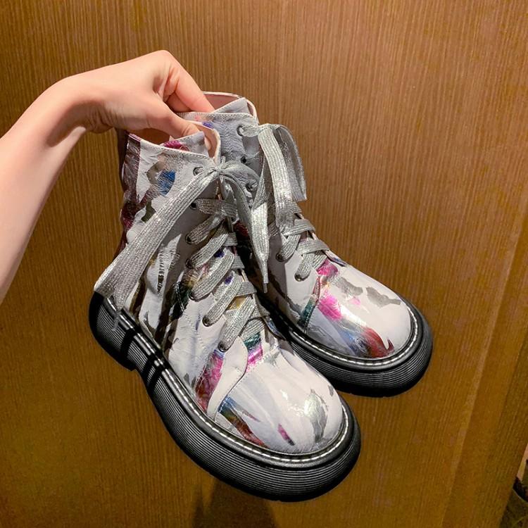 Genuine Leather Printed Sponge Cake Platform Martin Boots