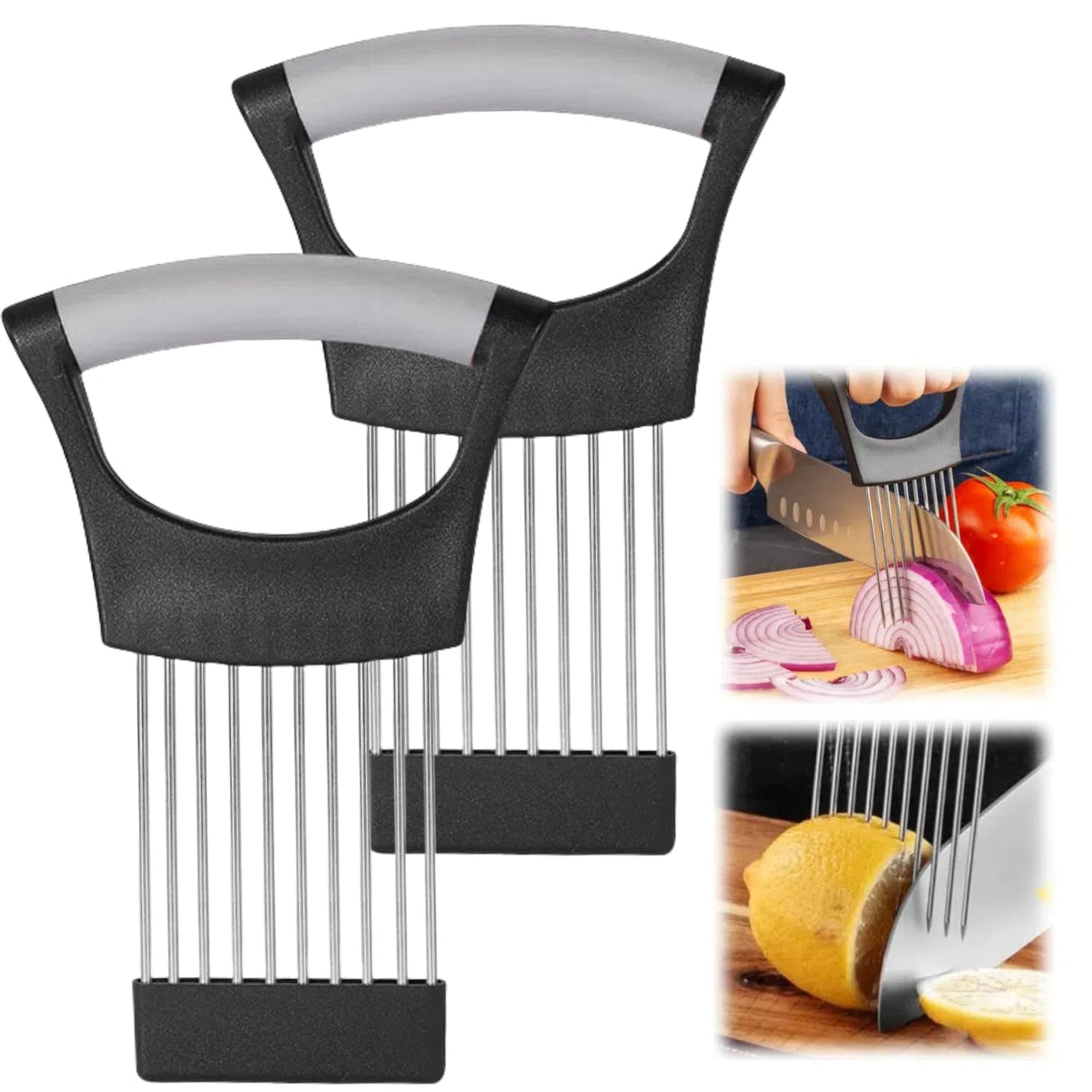 Onion Slice Holder 2024 New Stainless Steel Onion Holder for Slicing Chopper Slicing Assistant Tool Cutter for Slicing of Meat Onion Potato Tomato Kitchen Gadgets (Grey 2 Pack)